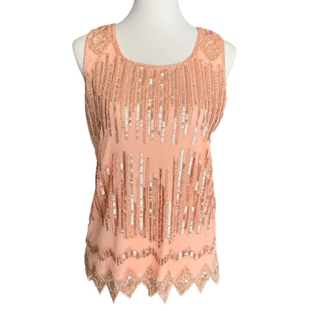 PrettyGuide Rose Gold Sequin Flapper Tank Top Sleeveless Mesh Scalloped Hem S